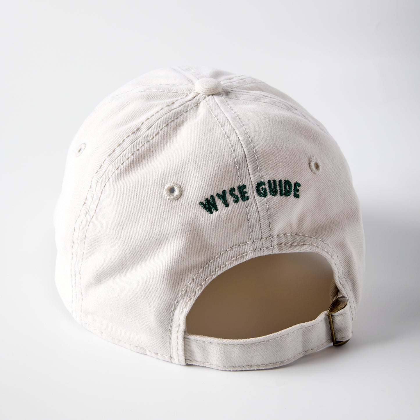 White cap with 'WYSE GUIDE' text on a light gray background